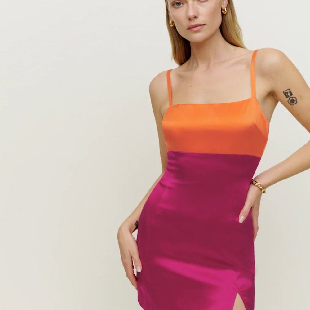 Reformation Jasmin Silk Dress Citrus / Rhubarb - Size 2